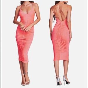 SER.O.YA Ruched Ballor Midi Dress Neon Peach Sexy Bodycon Dreas